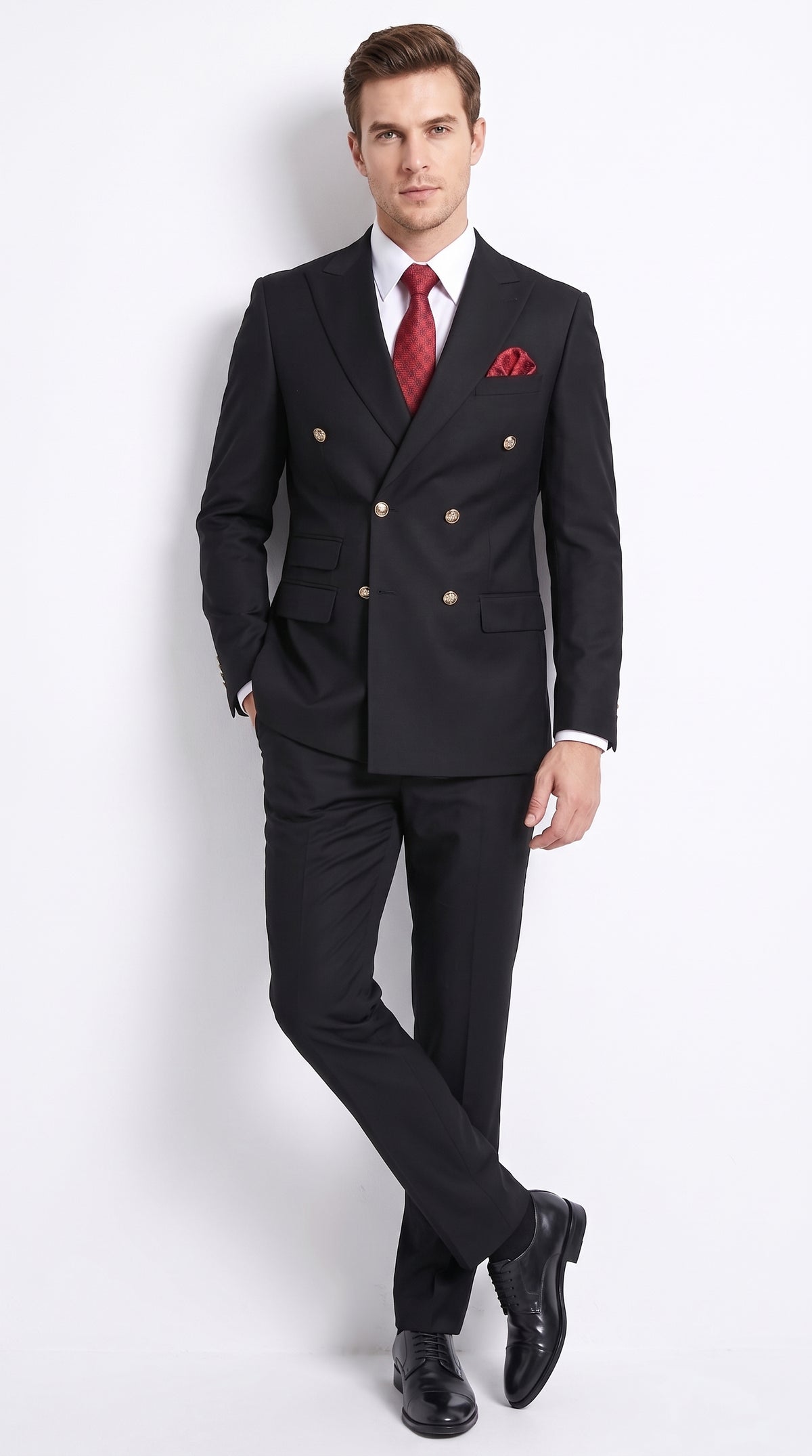 Men’s Black Wool Double Breasted Suit – Modern Fit 6 Button Formal Wedding & Business Suit with Black or Gold Buttons