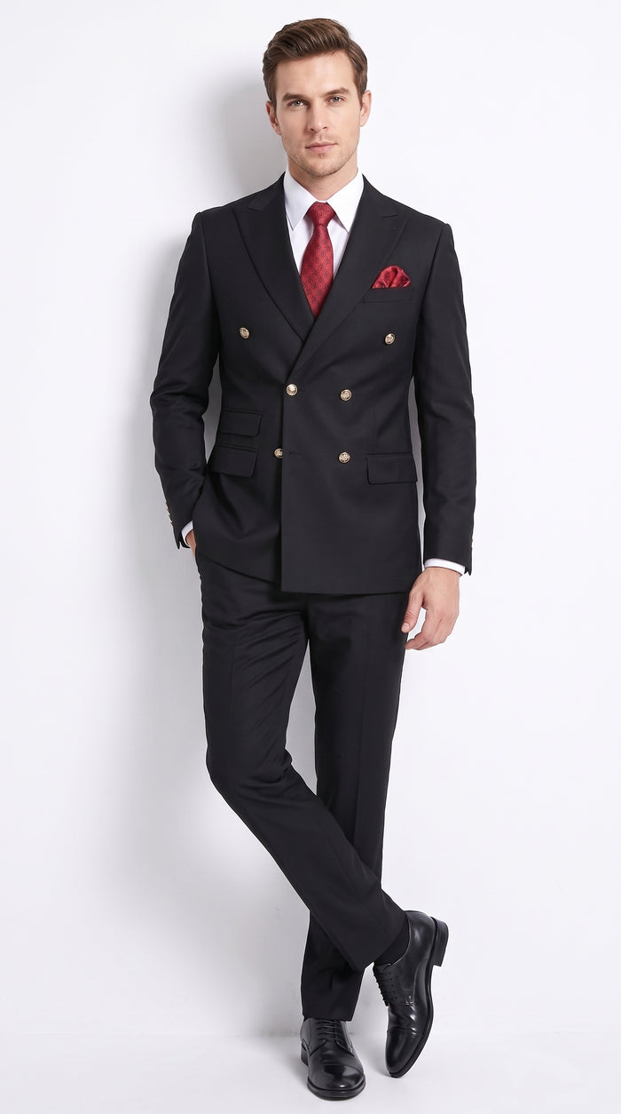 Men’s Black Wool Double Breasted Suit – Modern Fit 6 Button Formal Wedding & Business Suit with Black or Gold Buttons