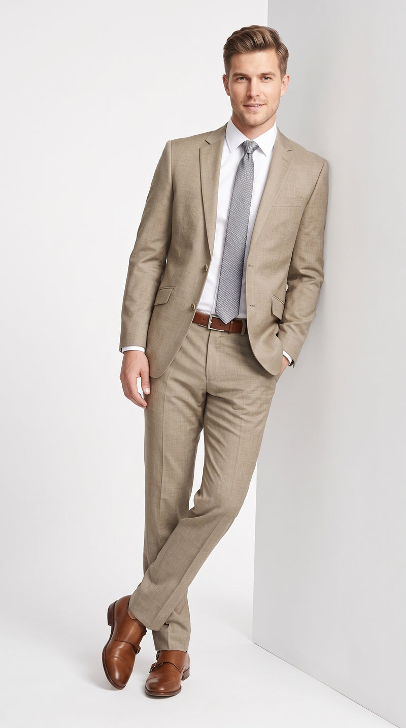 Men's Light Taupe Textured 2-Piece Suit – Modern Fit Tan Groomsmen Wedding & Formal Business Suit