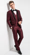Men's Burgundy Sharkskin 3-Piece Tuxedo Suit – One Button Black Satin Shawl Lapel Vested Wedding & Prom Tuxedo