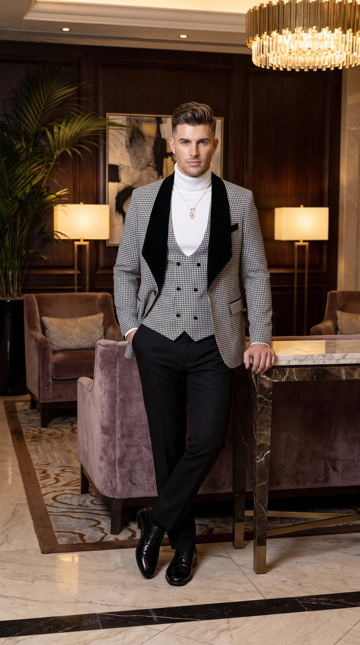 Men's Black & White Houndstooth 3-Piece Tuxedo Suit – One Button Shawl Lapel Vested Formal Wedding Suit