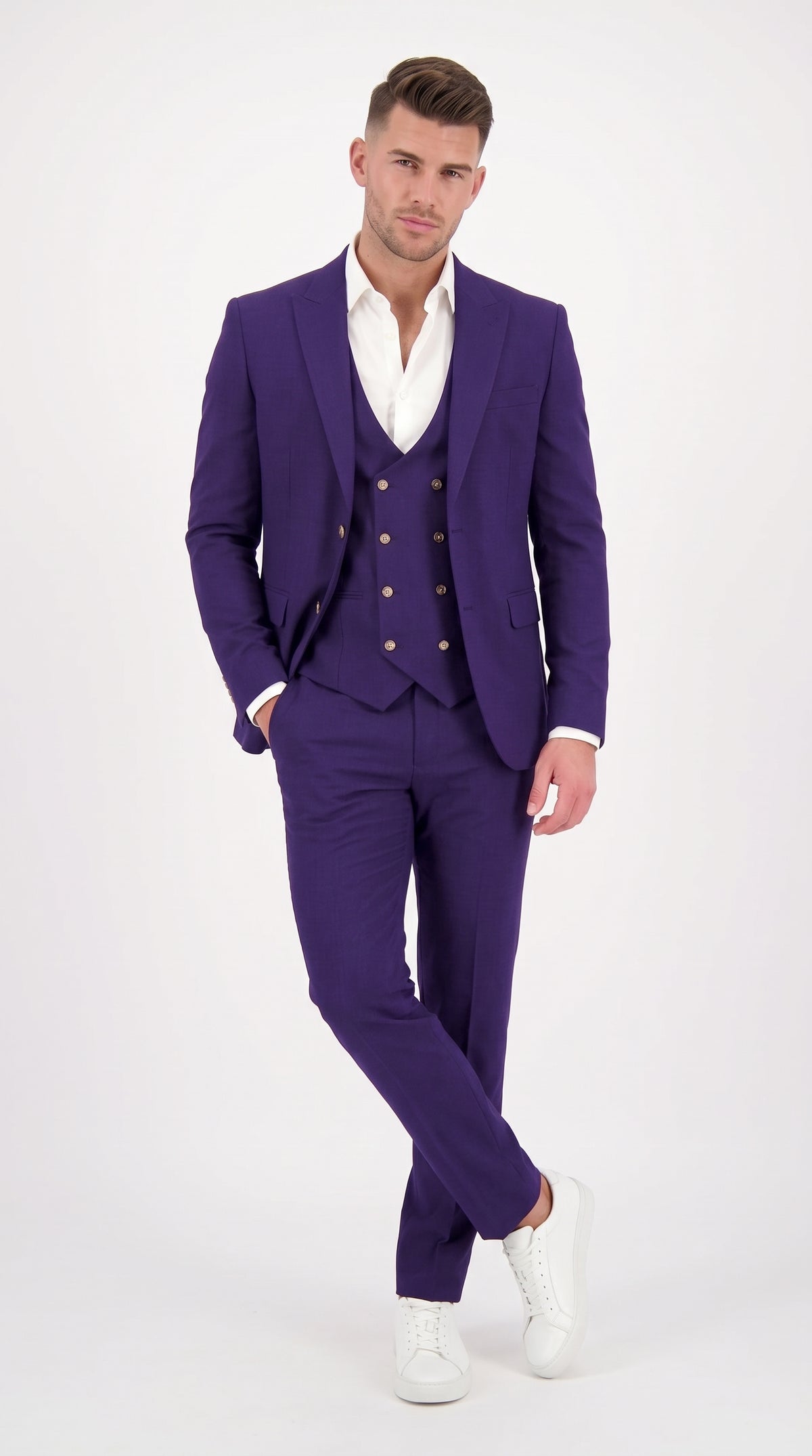 Men’s Purple and Gold 3 Piece Suit, Modern Fit Peak Lapel Wedding Prom Dress Suit