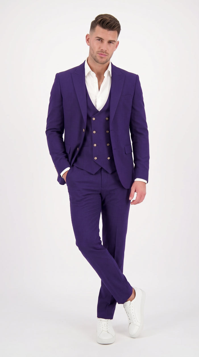 Men’s Purple and Gold 3 Piece Suit, Modern Fit Peak Lapel Wedding Prom Dress Suit
