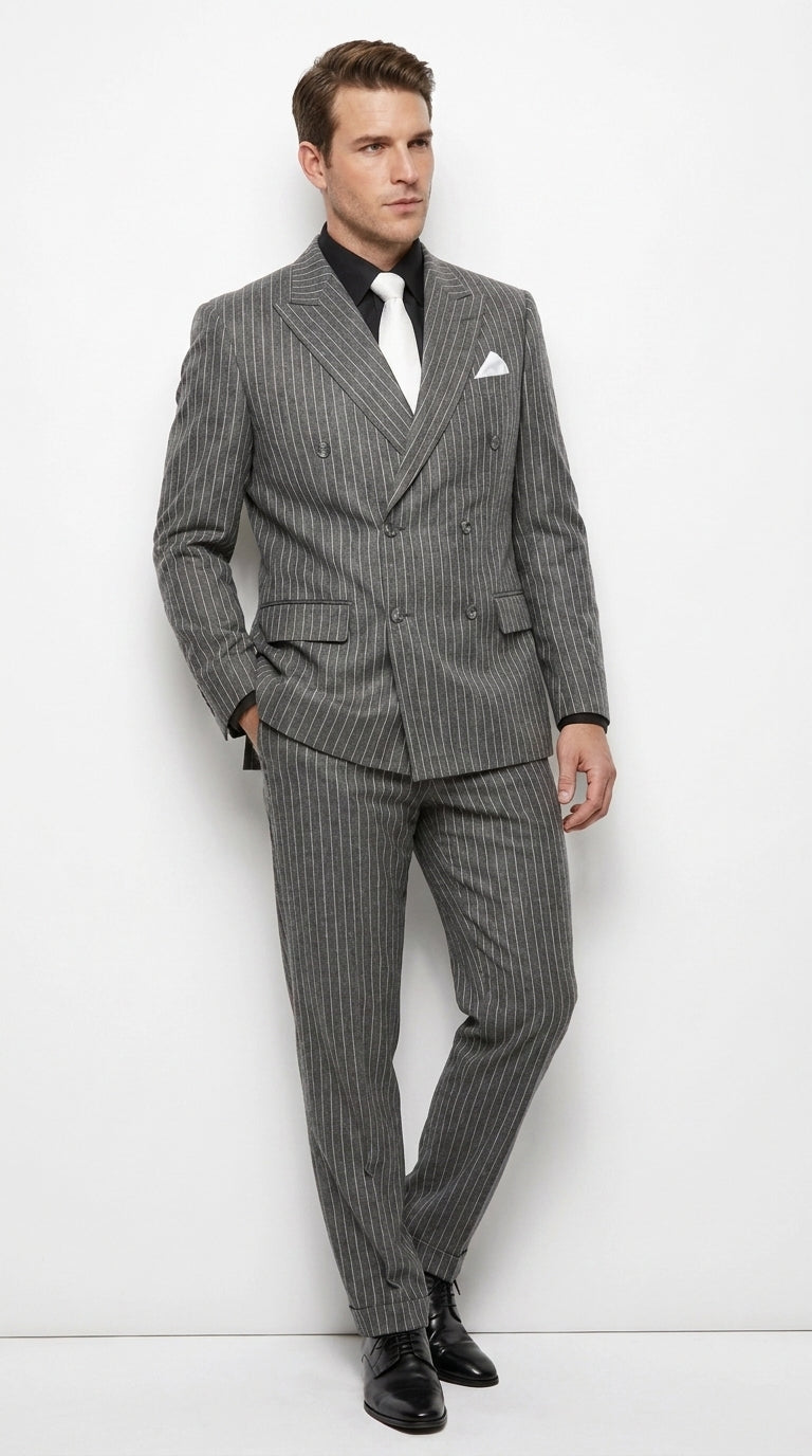 Men’s Charcoal Grey Pinstripe Double Breasted Suit, Gomez Addams Inspired Formal Costume Suit