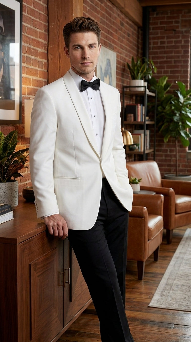 Men’s White Dinner Jacket, Snow White Single Button Tuxedo Blazer for Graduation Homecoming and Formal Events