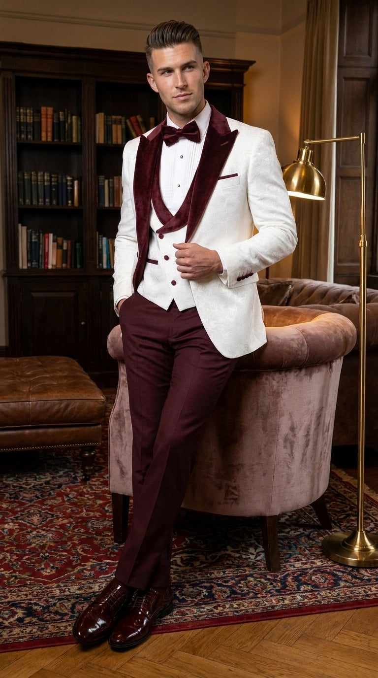 Men’s White and Burgundy Vested Tuxedo Suit, Formal Wedding Groom Prom Dinner Suit