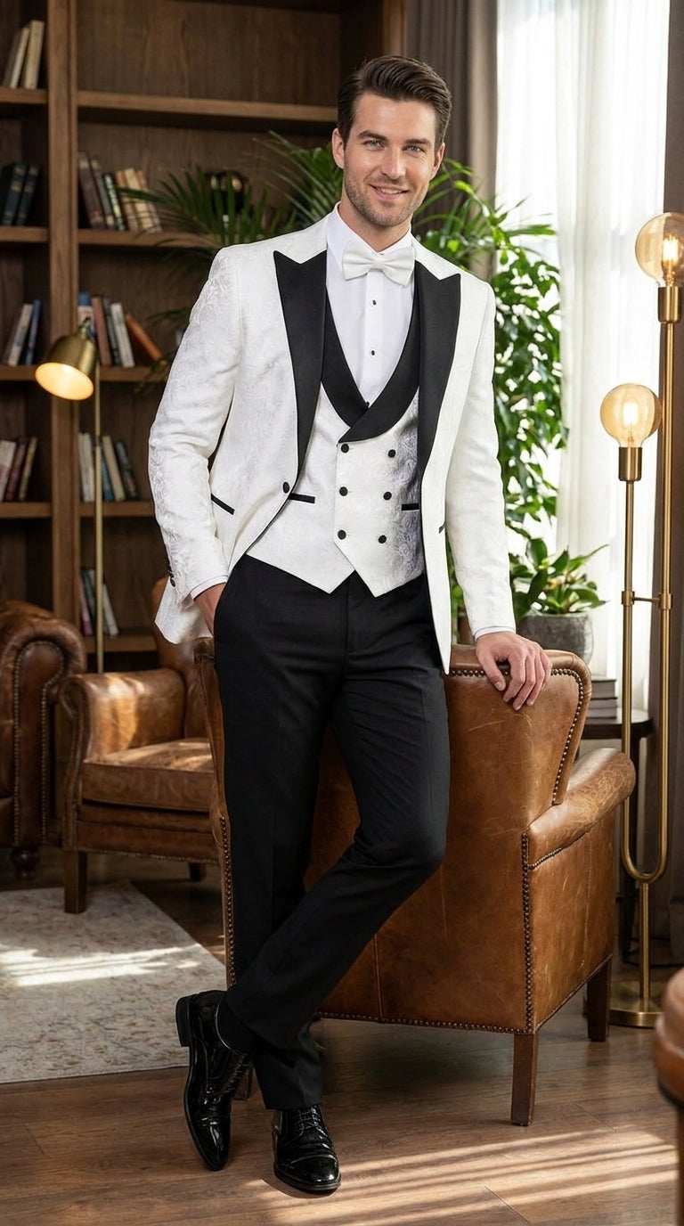 Men’s White and Black Vested Tuxedo Suit, Formal Wedding Groom Prom Dinner Suit