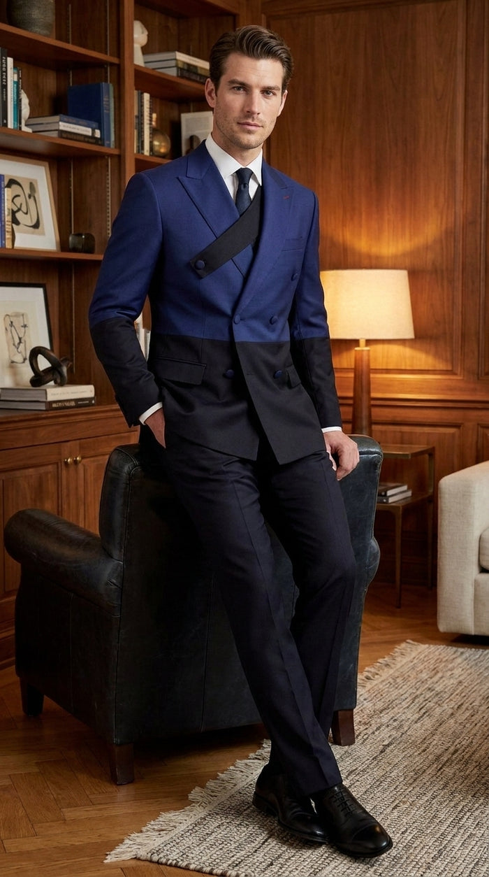 Statement Men’s Two Tone Double Breasted Suit, Modern Fit 2 Piece Wool Formal Wedding Suit