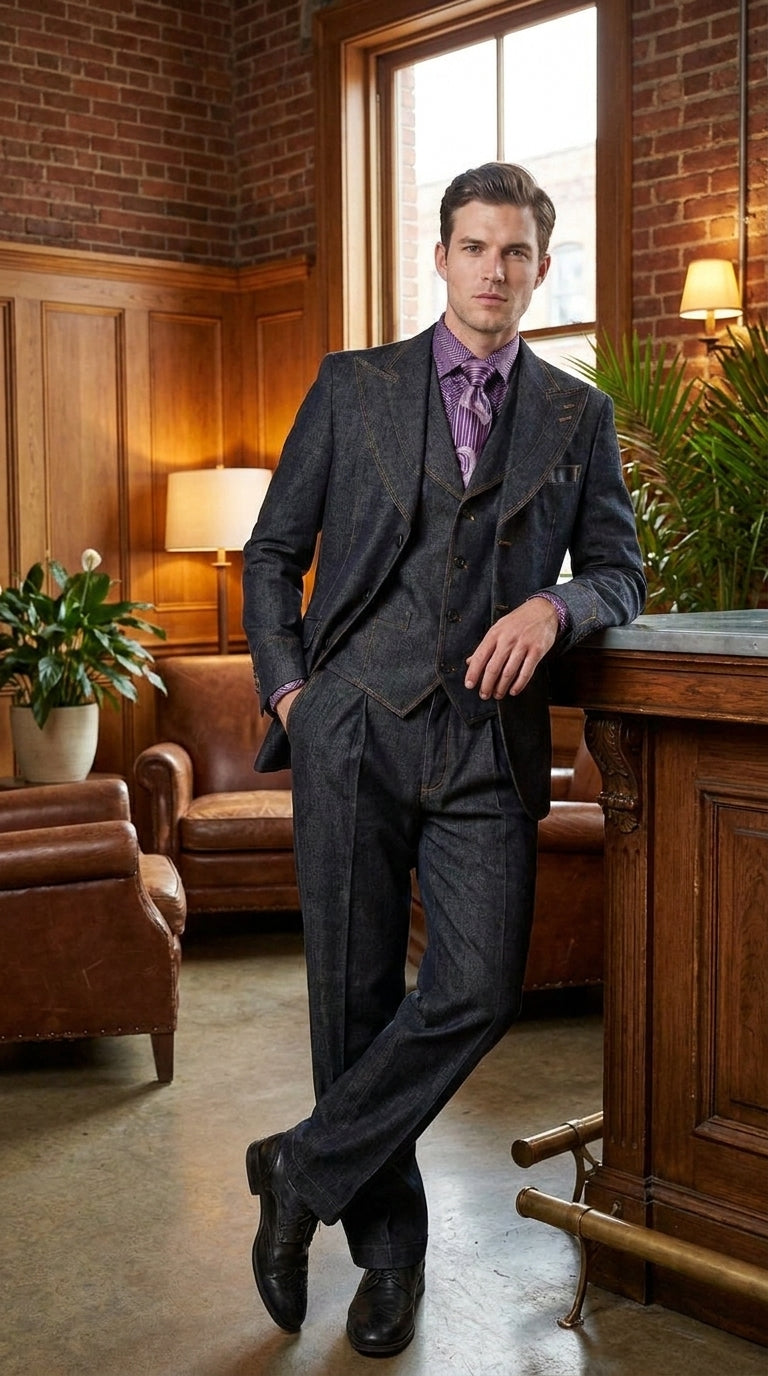 Apollo King Men’s Black Denim Vested Suit, Peak Lapel Wide Leg Formal Dress Suit