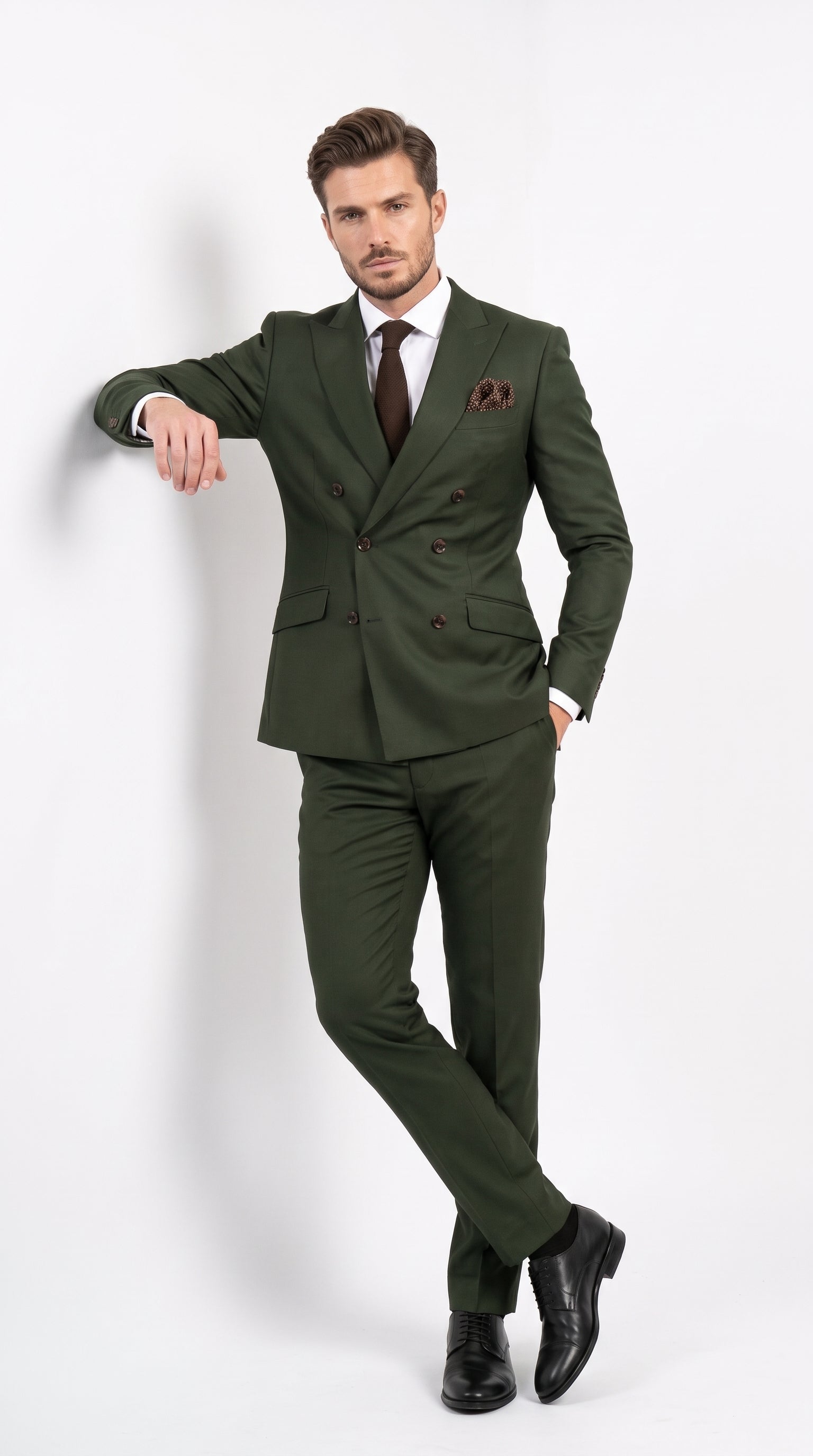 Men’s Dark Green Double Breasted Suit, Tapered Fit Formal Wedding Business Dress Suit