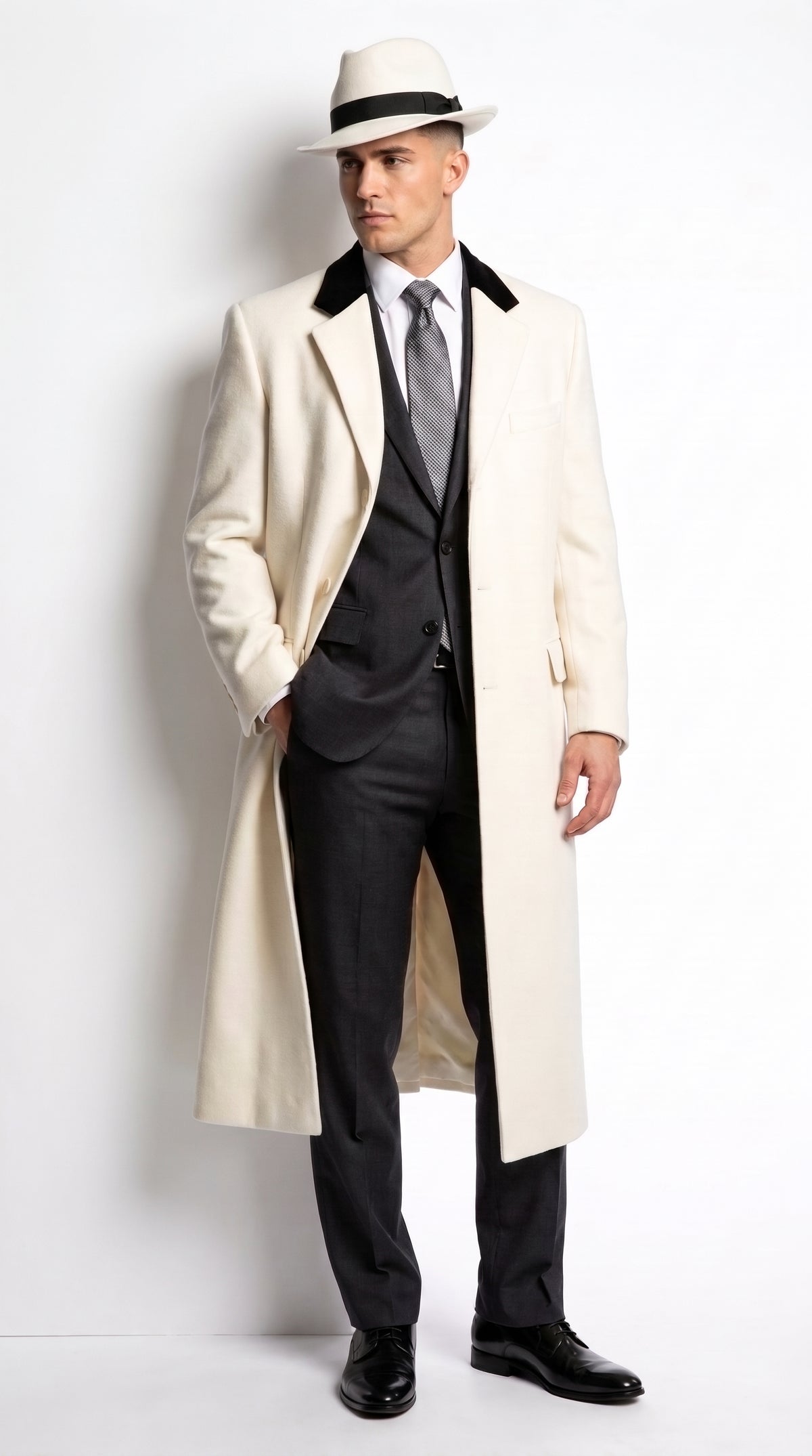 Men’s White Full-Length Trench Coat – Classic Formal Overcoat & Dress Topcoat for Men
