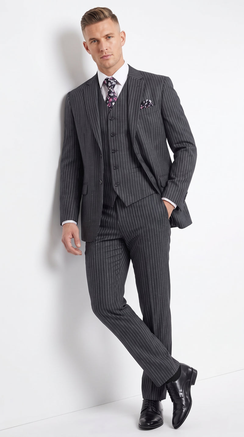 Men's Charcoal Grey Bold Pinstripe 3-Piece Gangster Suit – 2 Button Vested 1920s Vintage Classic Formal Suit