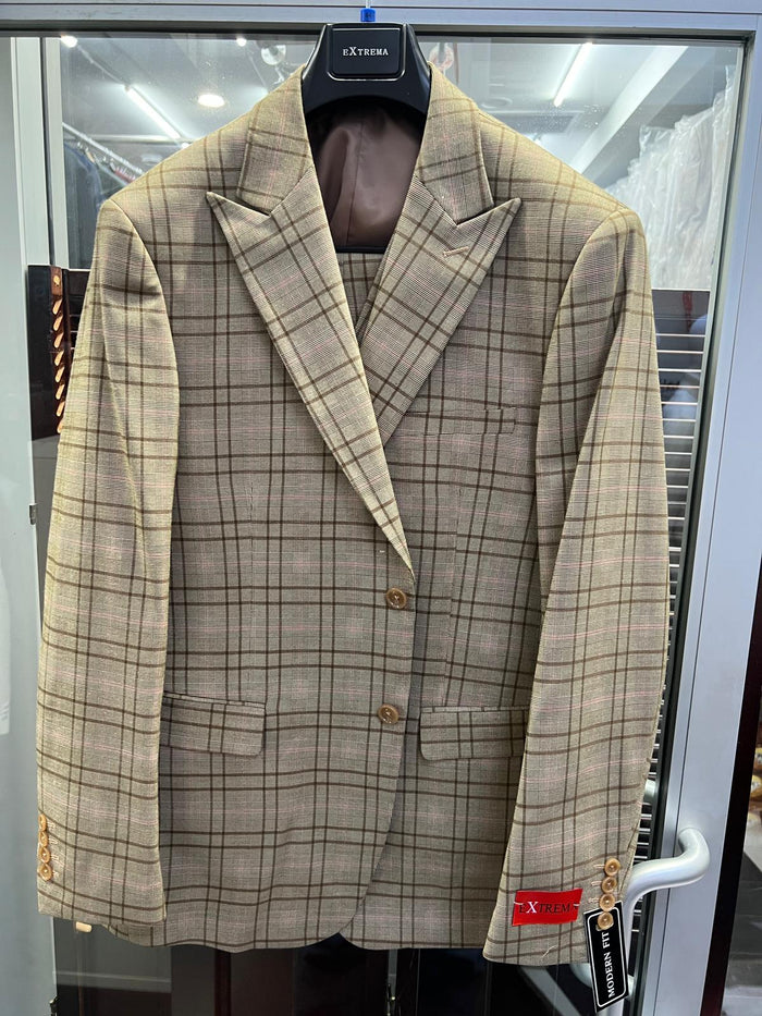 Men's Tan Plaid Blazer â€“ Windowpane Checkered Taupe Colar with Conservative burgunsih Pattern Mix Perfect For Business
