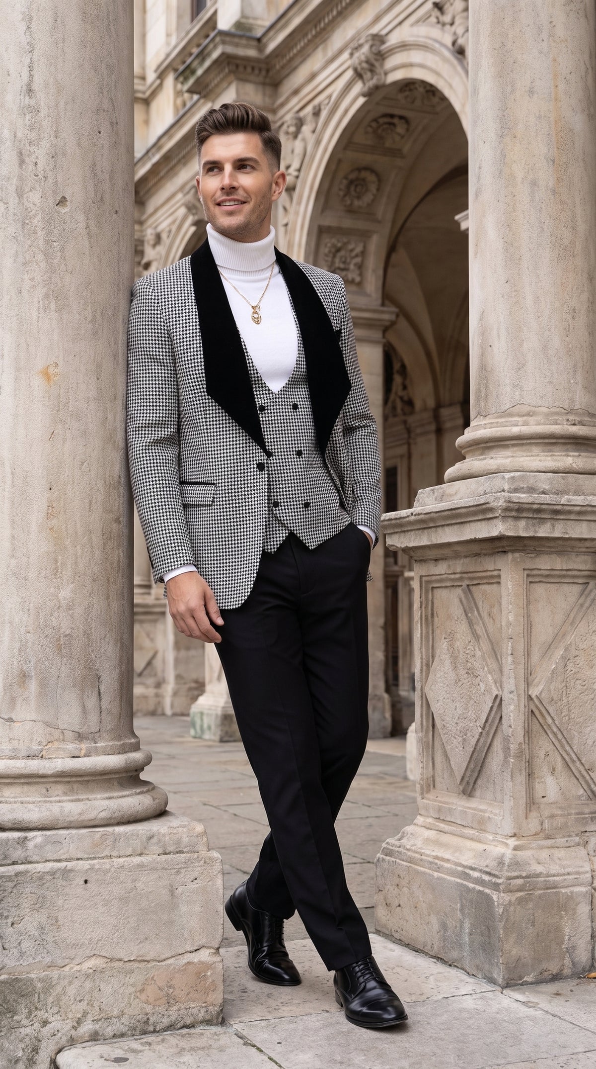 Men's Black & White Houndstooth 3-Piece Tuxedo Suit – One Button Shawl Lapel Vested Formal Wedding Suit
