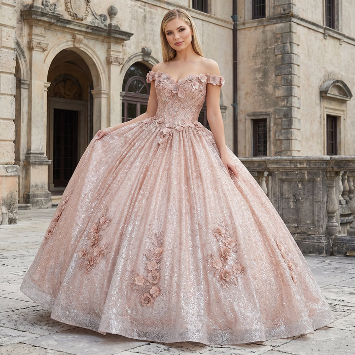 Champagne Off-Shoulder Quinceañera Ball Gown with 3D Floral Appliqués & Detachable Train – Sweet 15 Princess Dress