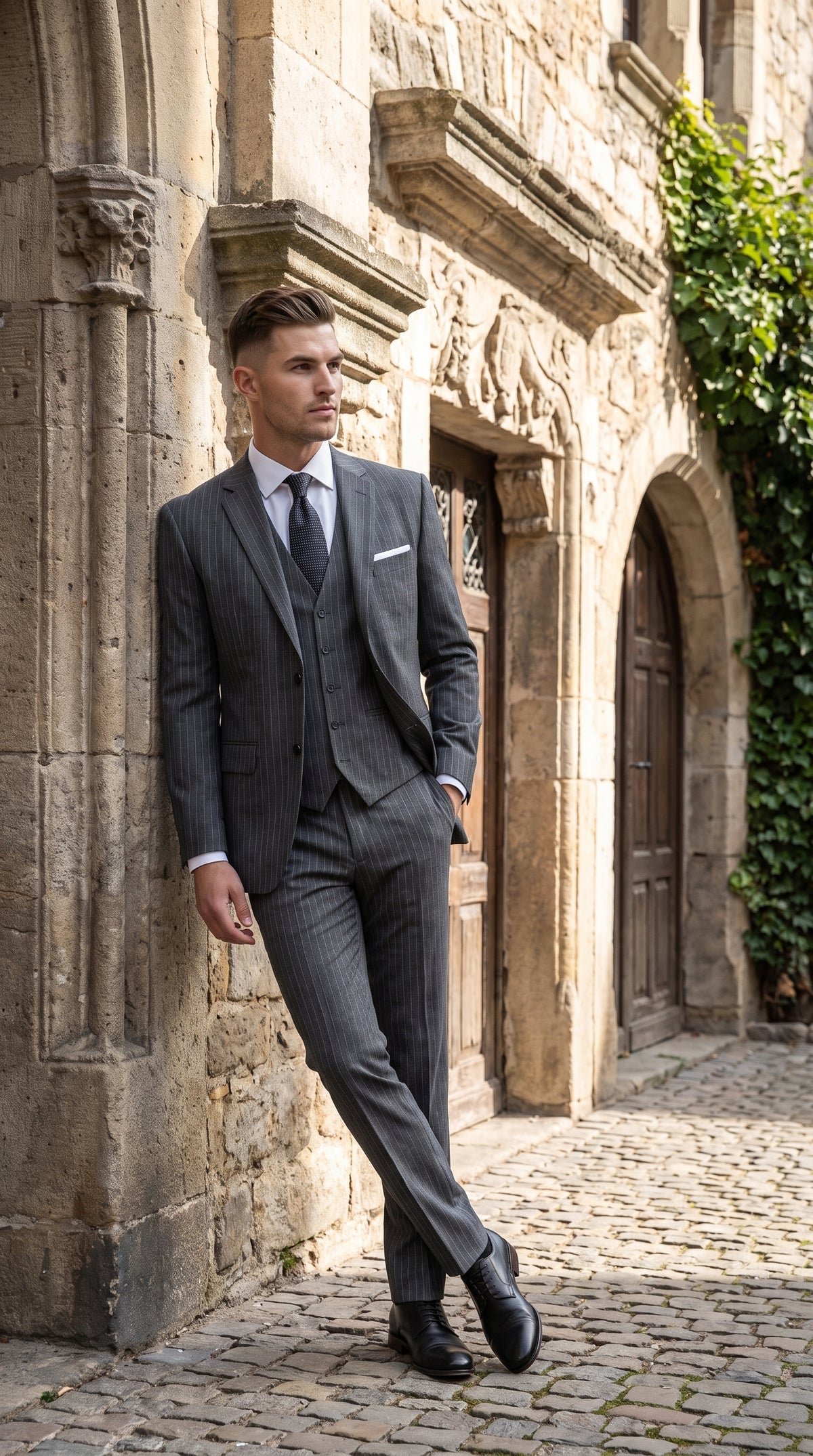 Men’s Charcoal Grey Pinstripe 3-Piece Wool Suit – 2 Button Modern Fit Vested Business & Wedding Suit