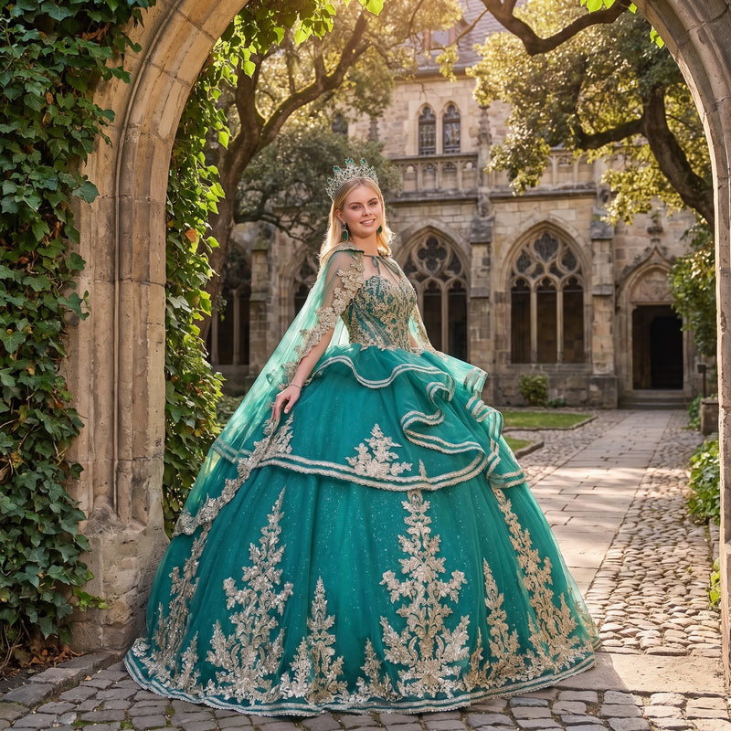 Elizabeth K GL3671 Emerald Green Quinceañera Ball Gown – Strapless Sweetheart Beaded Corset Dress with Ruffle-Tier Skirt & Embroidered Cape