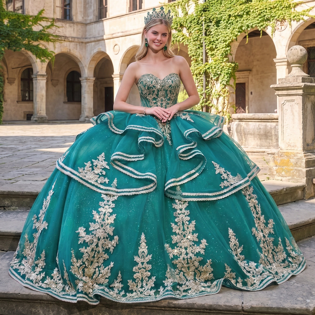 Elizabeth K GL3671 Emerald Green Quinceañera Ball Gown – Strapless Sweetheart Beaded Corset Dress with Ruffle-Tier Skirt & Embroidered Cape