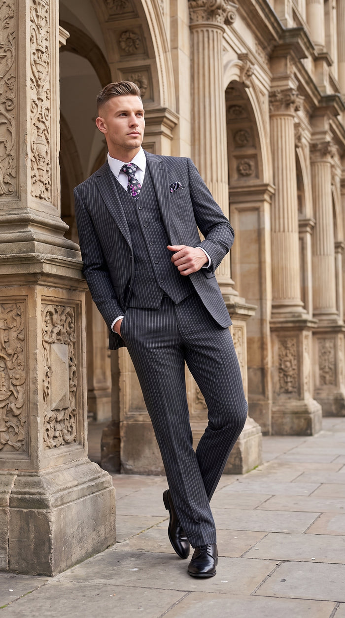 Men's Charcoal Grey Bold Pinstripe 3-Piece Gangster Suit – 2 Button Vested 1920s Vintage Classic Formal Suit