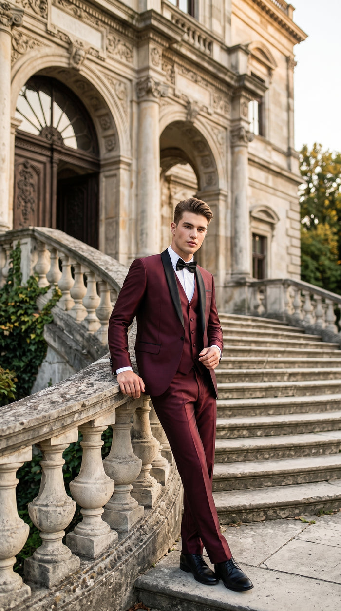 Men's Burgundy Sharkskin 3-Piece Tuxedo Suit – One Button Black Satin Shawl Lapel Vested Wedding & Prom Tuxedo
