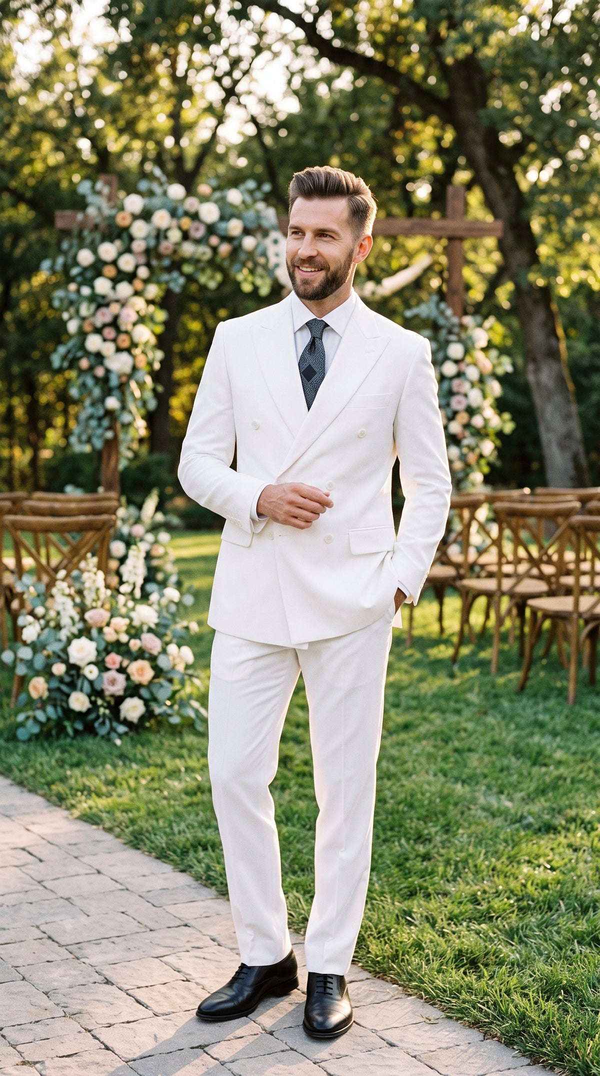 Men’s Solid White Double Breasted Suit, Classic Fit Formal Wedding Prom Dress Suit