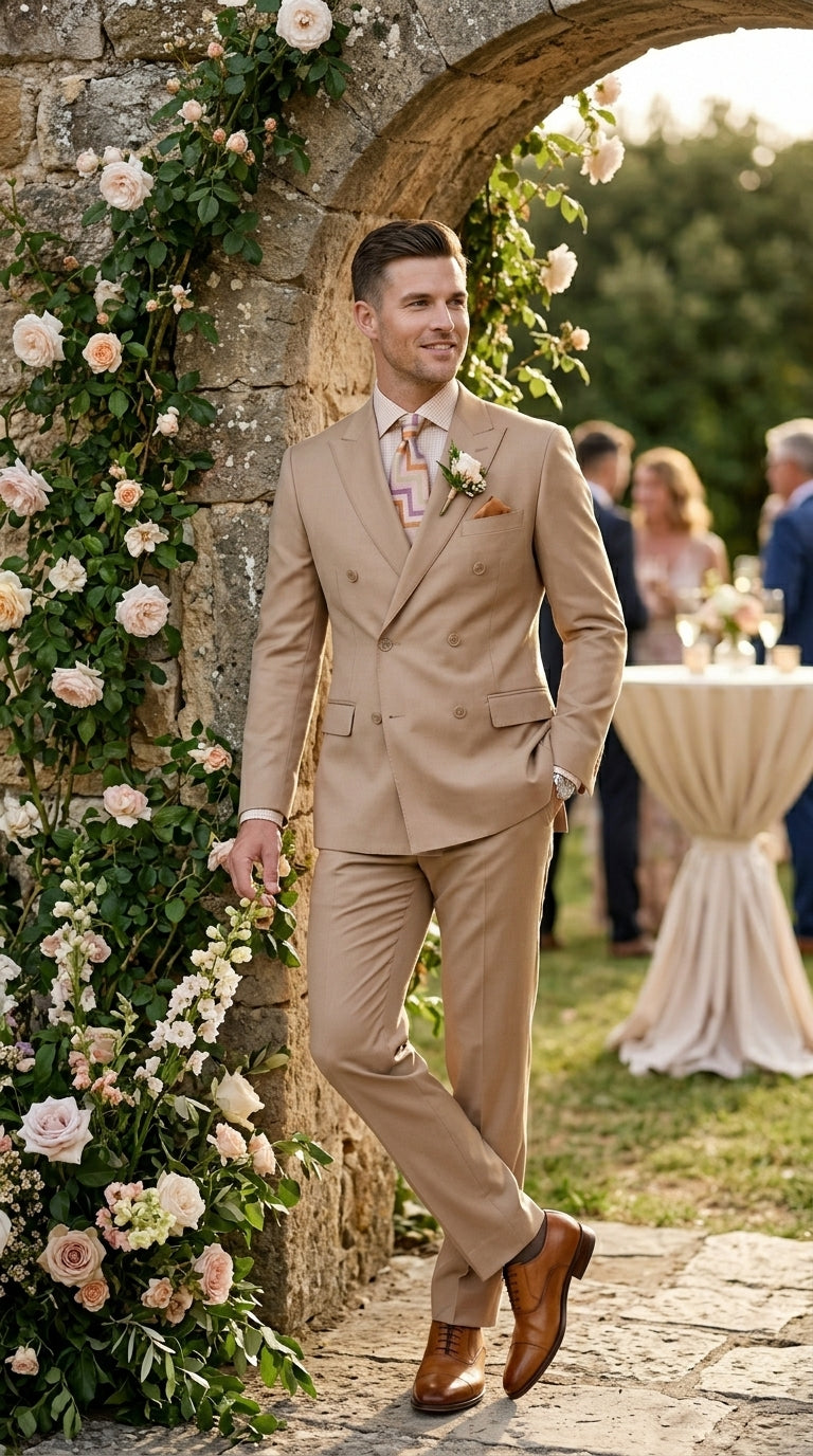 Men’s Camel Double Breasted Wool Feel Suit, Classic Luxury Formal Wedding Business Dress Suit