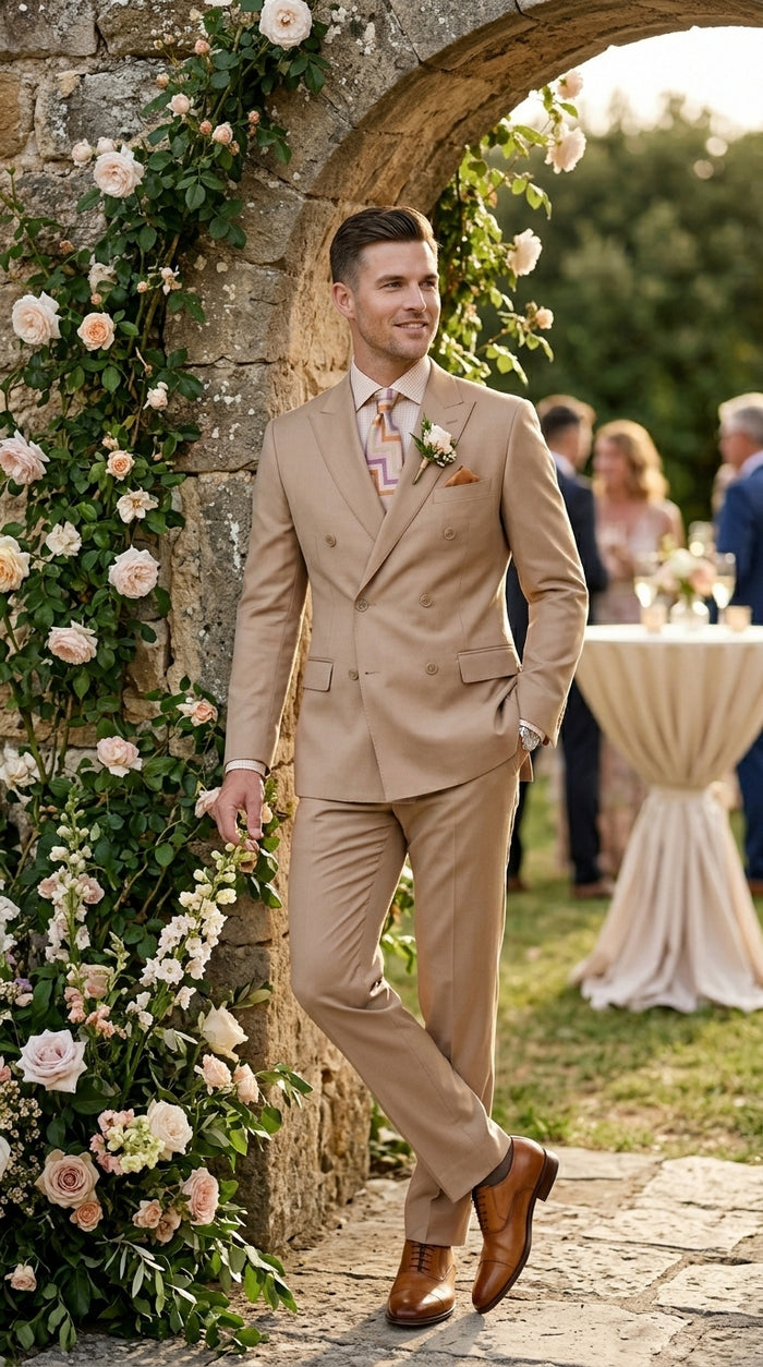 Men’s Camel Double Breasted Wool Feel Suit, Classic Luxury Formal Wedding Business Dress Suit