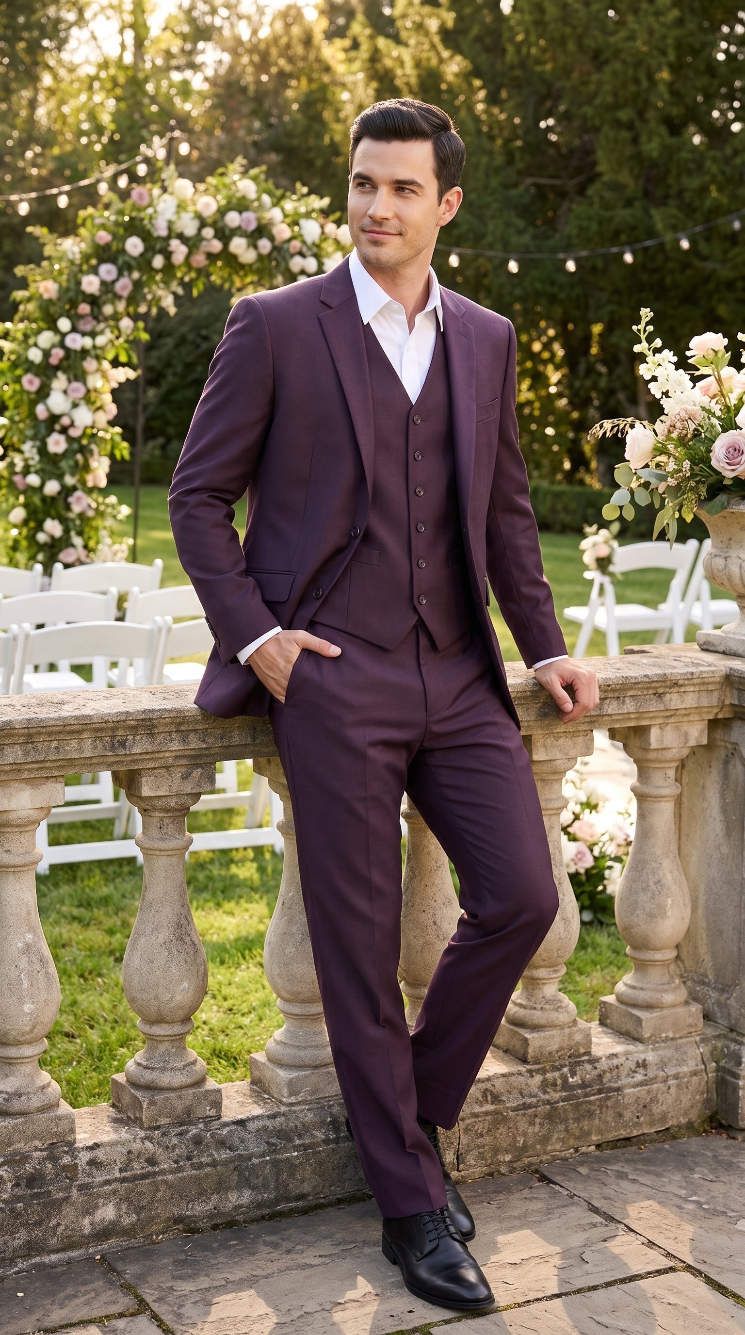 Men’s Plum Modern Fit Suit, Tailored Formal Wedding Business 3 Piece Dress Suit