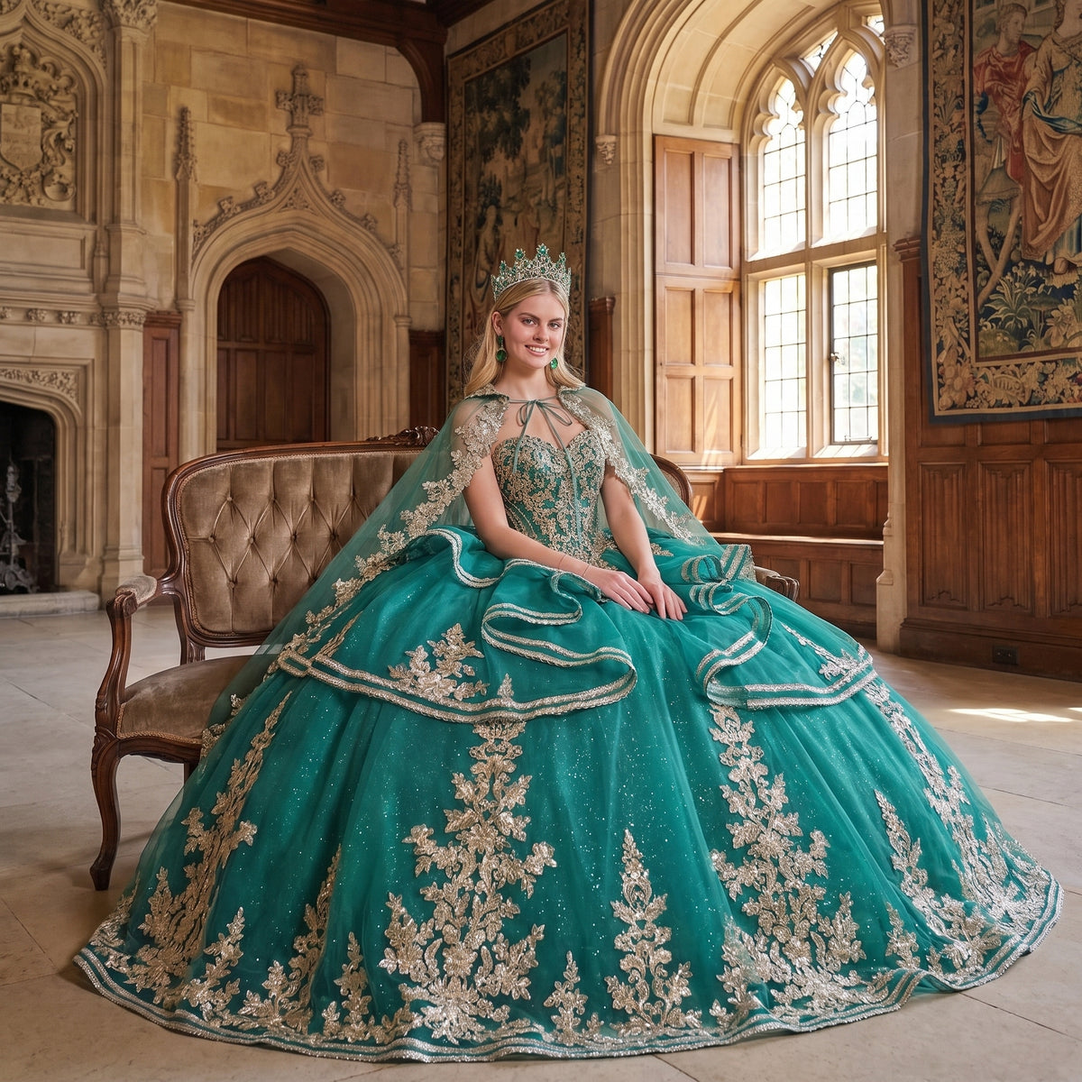 Elizabeth K GL3671 Emerald Green Quinceañera Ball Gown – Strapless Sweetheart Beaded Corset Dress with Ruffle-Tier Skirt & Embroidered Cape