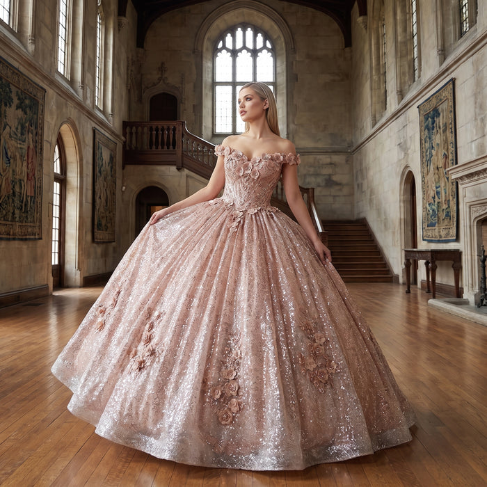 Champagne Off-Shoulder Quinceañera Ball Gown with 3D Floral Appliqués & Detachable Train – Sweet 15 Princess Dress