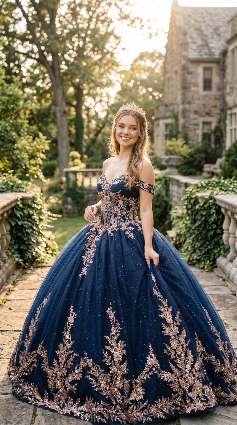 Navy/Gold Off-Shoulder V-Neck Satin Corset Lace Appliqué Ball Gown with Bow by Elizabeth K GL3674