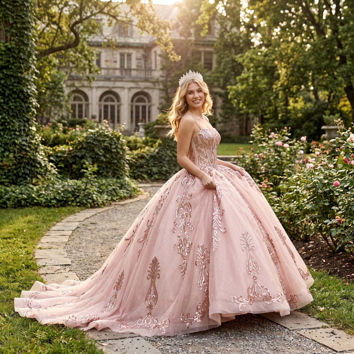 Quinceañera Ball Gown with Beaded Corset Bodice Glitter Tulle Skirt & Crystal Tiara By LK294
