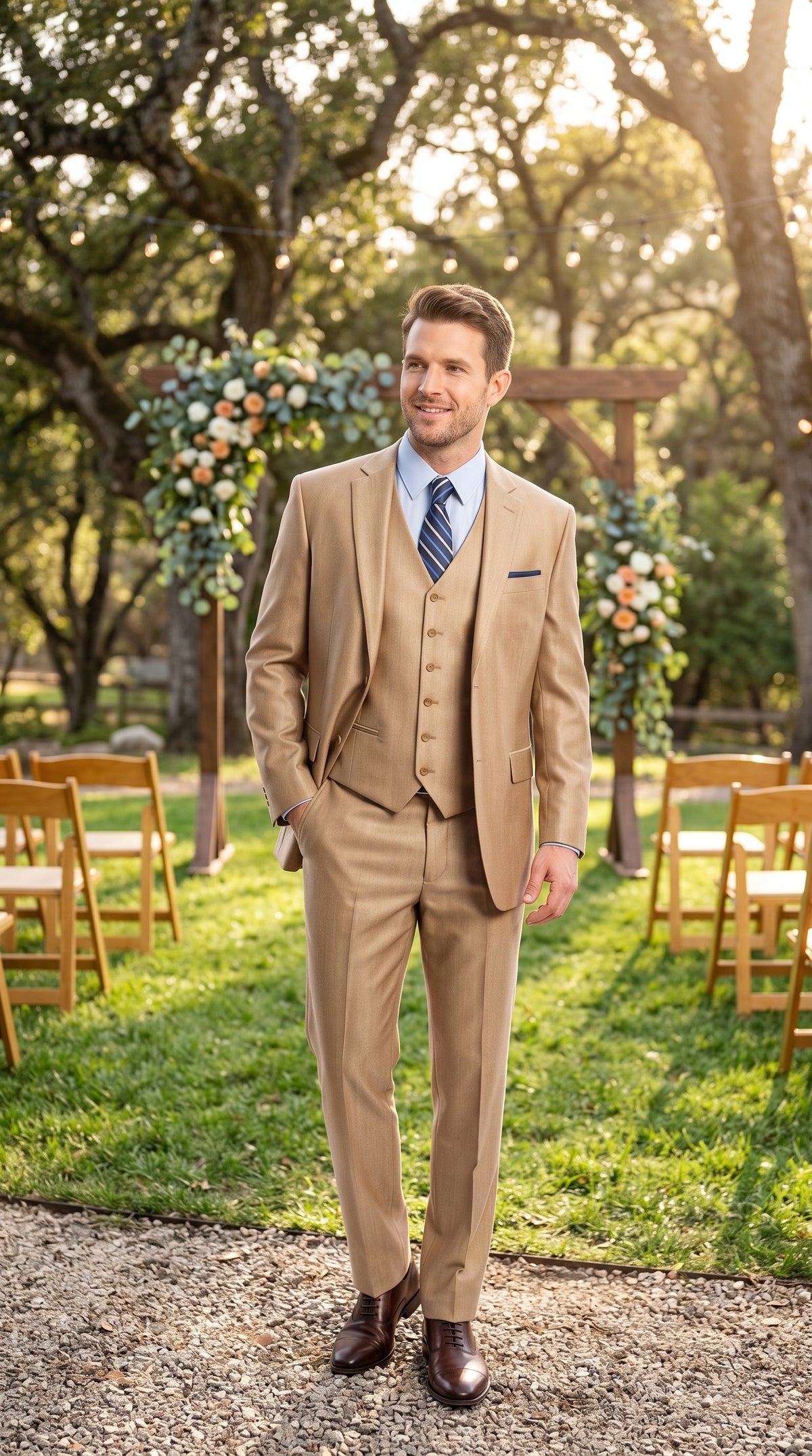 Men’s Camel Wheat Sharkskin 3 Piece Business Suit, Two Button Vested Formal Wedding Suit