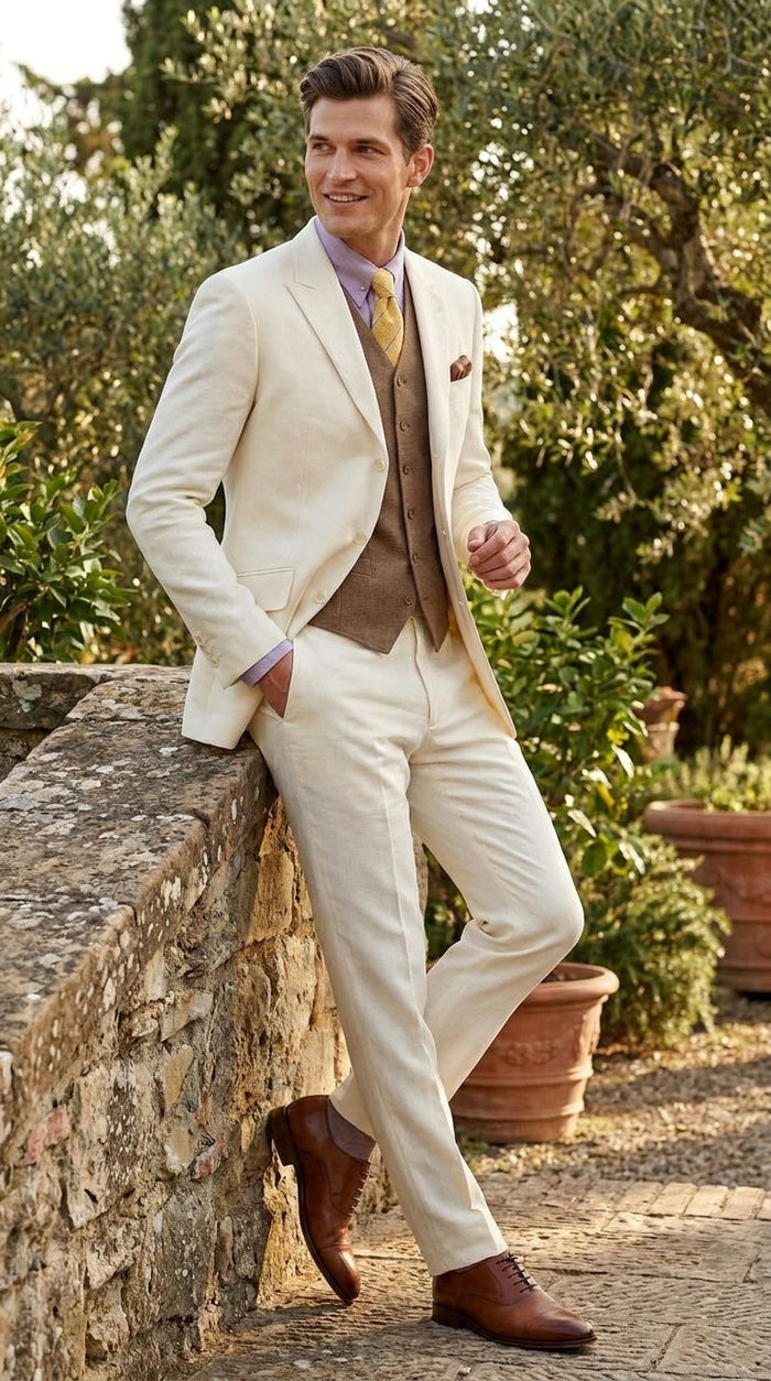 Men’s Off White Great Gatsby Suit, Leonardo DiCaprio Inspired 1920s Wedding Prom Dress Suit
