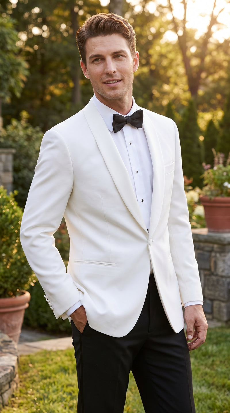 Men’s White Dinner Jacket, Snow White Single Button Tuxedo Blazer for Graduation Homecoming and Formal Events