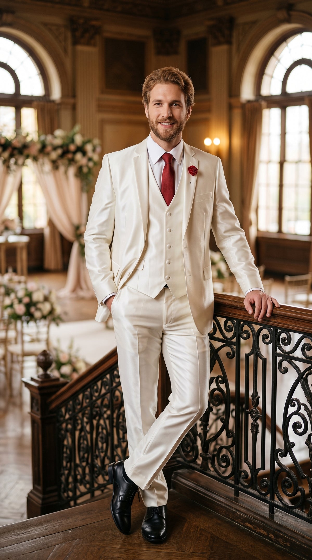 Tazio Men’s White Shiny Sharkskin 3 Piece Suit, Modern Fit Vested Formal Wedding Prom Suit
