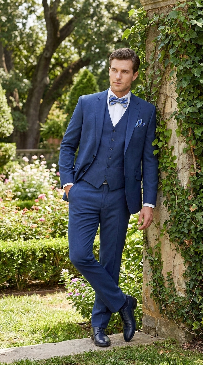 Men’s Big and Tall Indigo Blue 3 Piece Suit, Extra Long Modern Fit Wedding Business Formal Suit