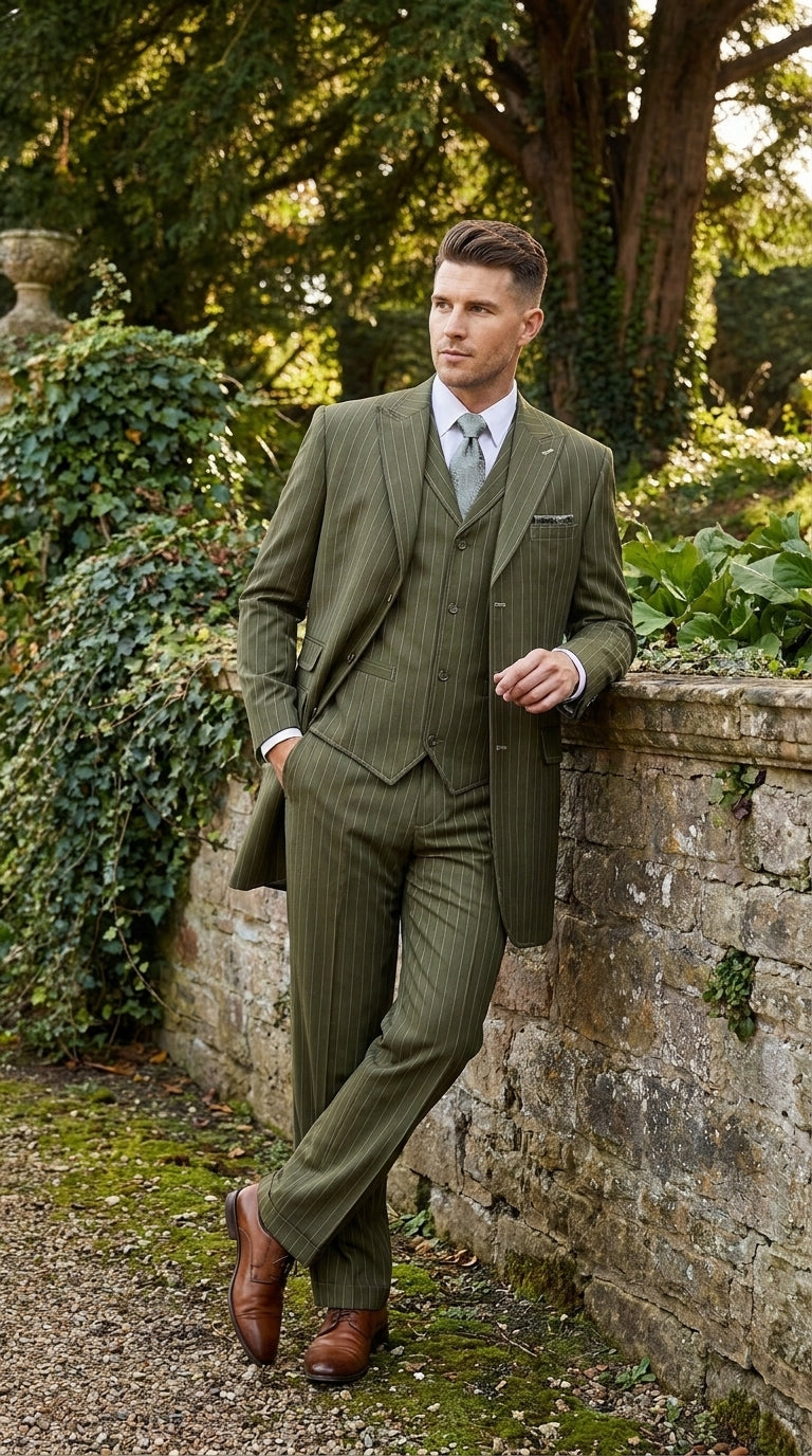 Men’s Big and Tall Olive Pinstripe 3 Piece Suit, Plus Size Long Jacket Formal Wedding Business Suit