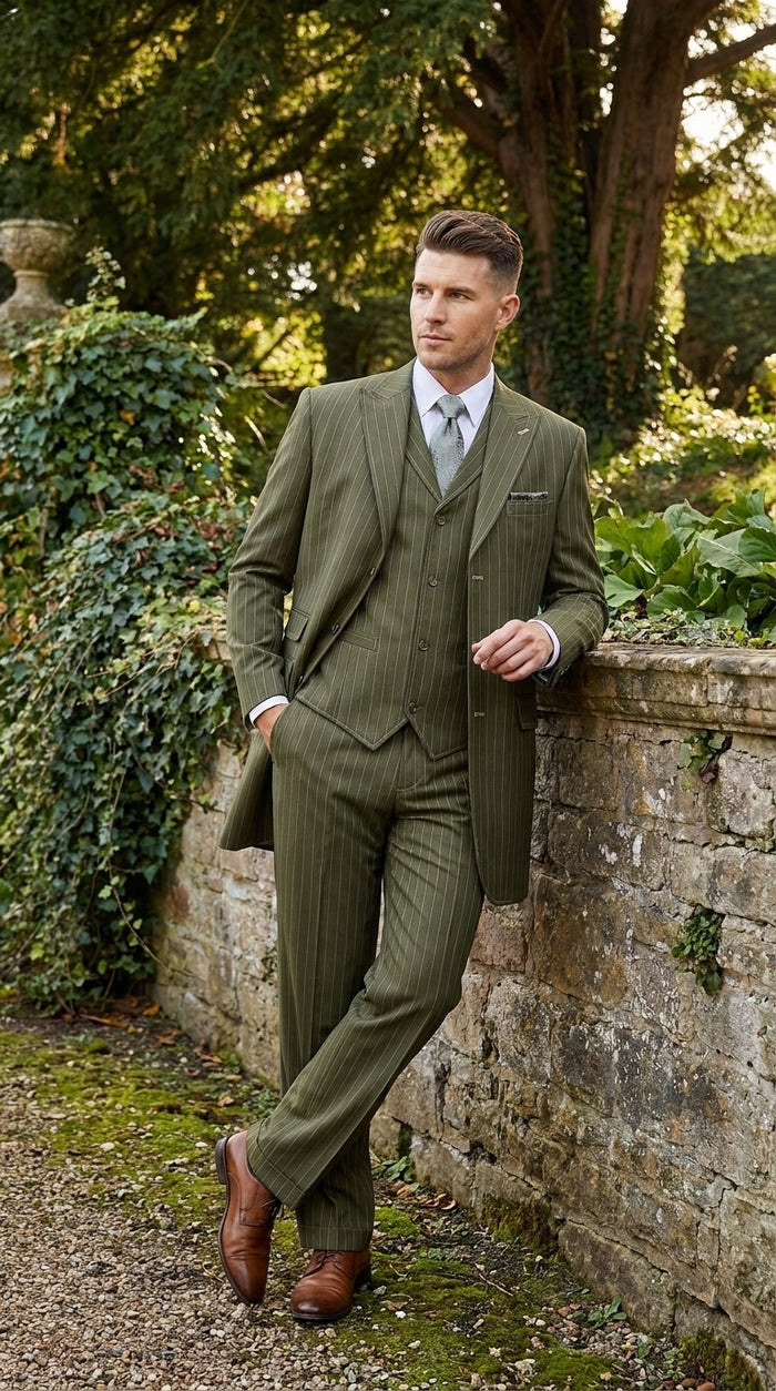 Men’s Big and Tall Olive Pinstripe 3 Piece Suit, Plus Size Long Jacket Formal Wedding Business Suit