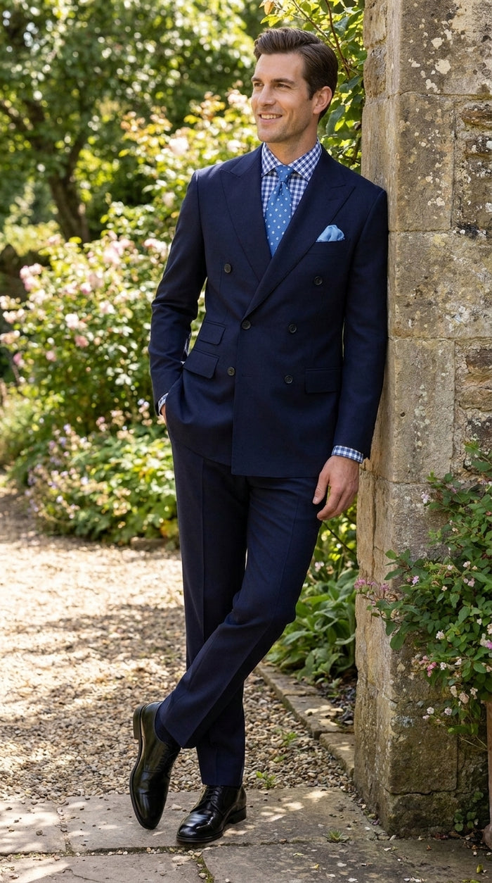 Apollo King Men’s Navy Blue 2 Piece Double Breasted Suit, Pleated Pants Formal Business Wedding Suit