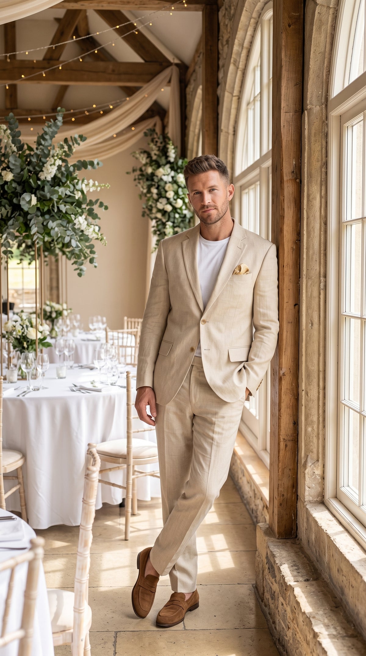 Men’s Tan Linen Blend 2 Piece Suit, Modern Fit Notch Lapel Summer Wedding Suit