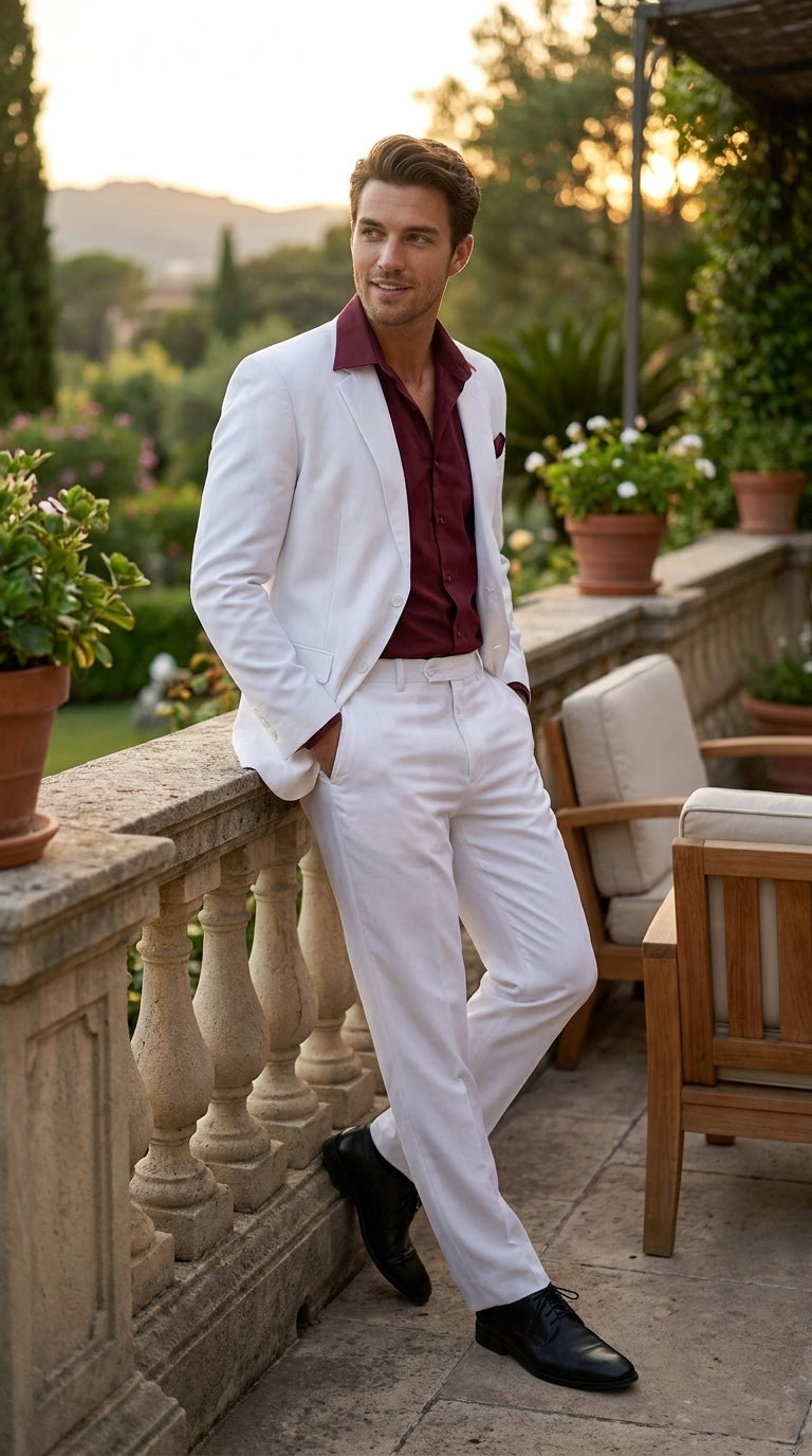 Men’s White Scarface Inspired Suit with Red Shirt, Tony Montana Style Costume Party Suit