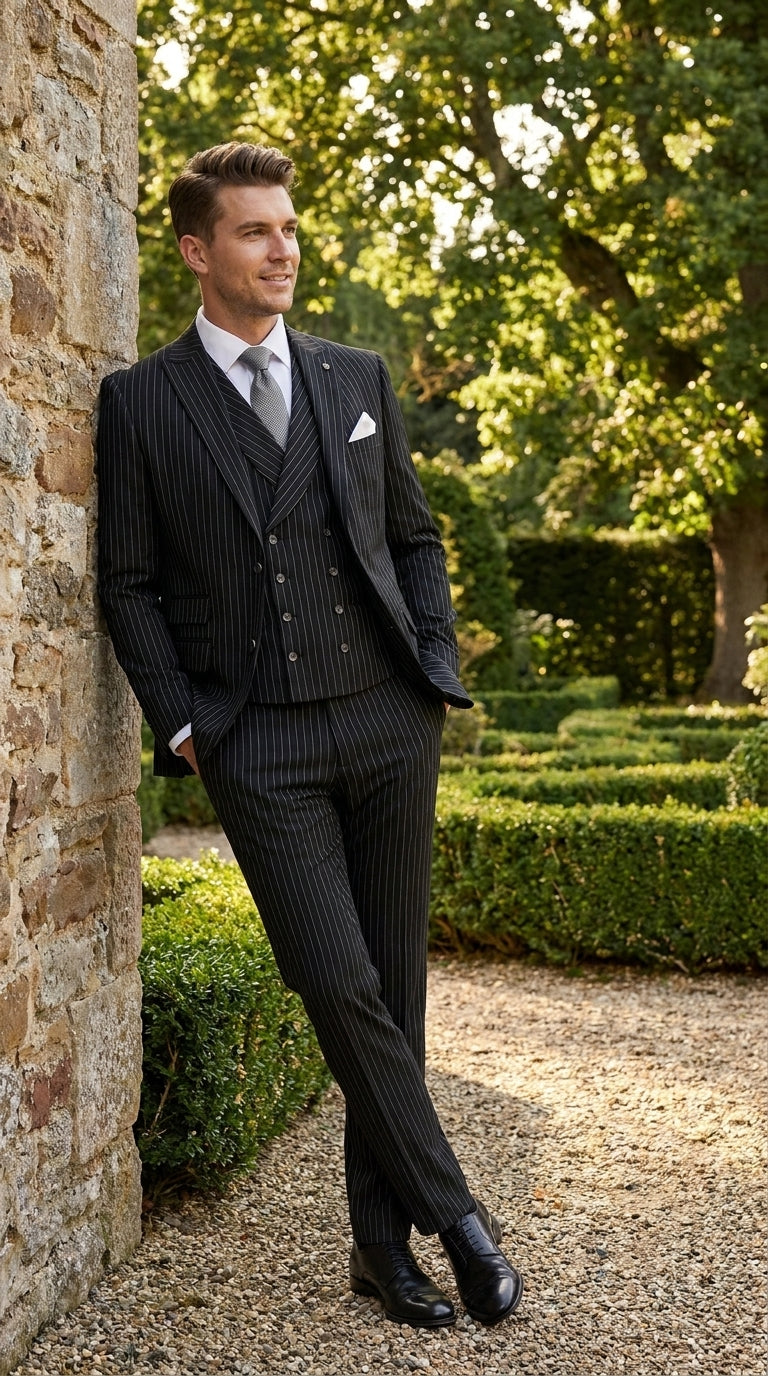 Statement Men’s Black Pinstripe 3 Piece Wool Suit, Fashion Formal Wedding Business Dress Suit