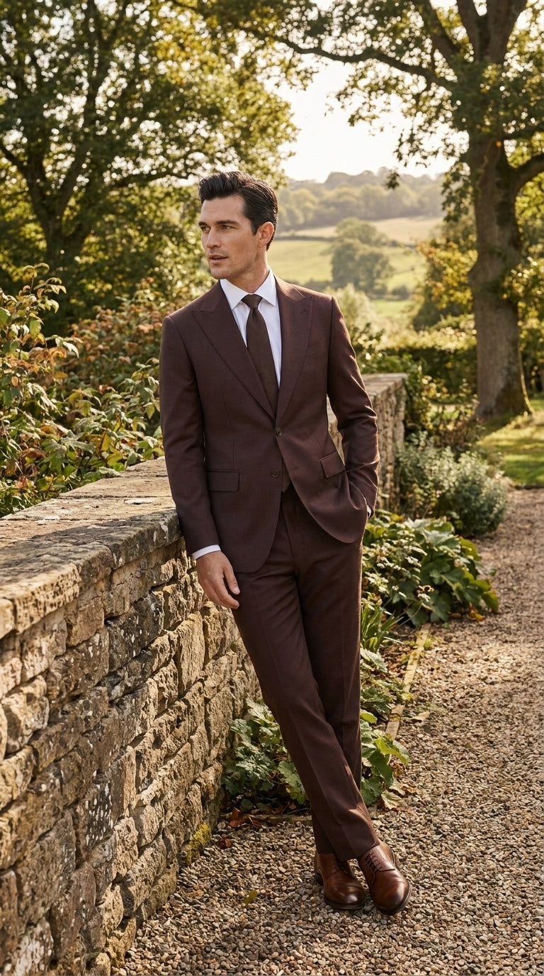 Statement Men’s Brown 2 Piece Wool Suit, Modern Fit Formal Wedding Business Suit with Pic Stitching