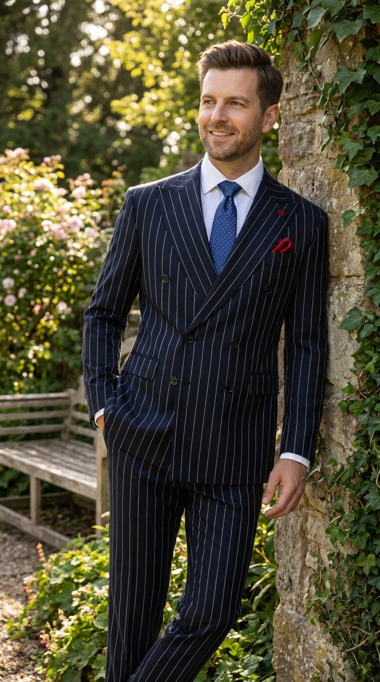 Statement Men's 2 Piece 100% Wool Modern Fit Pinstripe Suit - Double Breasted Jacket