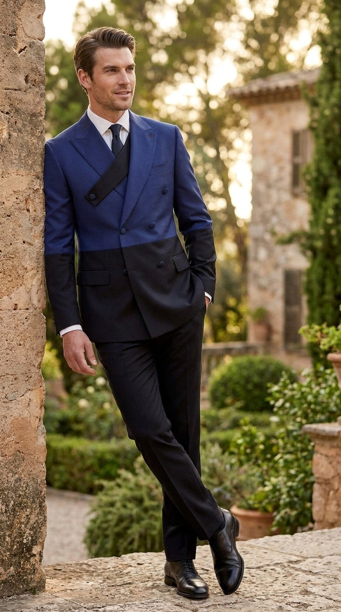Statement Men’s Two Tone Double Breasted Suit, Modern Fit 2 Piece Wool Formal Wedding Suit