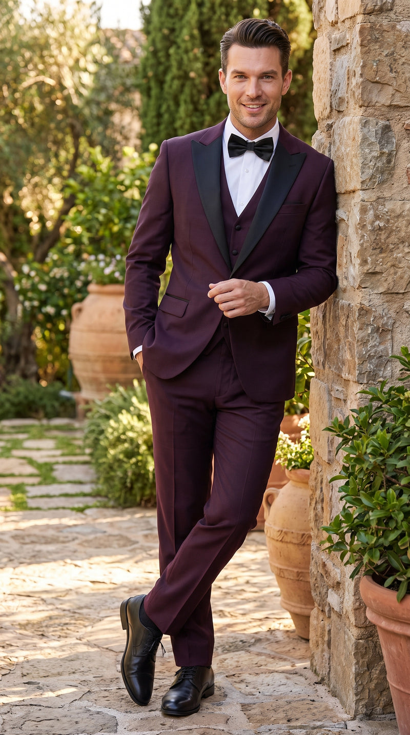 Alberto Men’s Burgundy 1 Button Peak Lapel Tuxedo, Formal Wedding Prom Dinner Suit