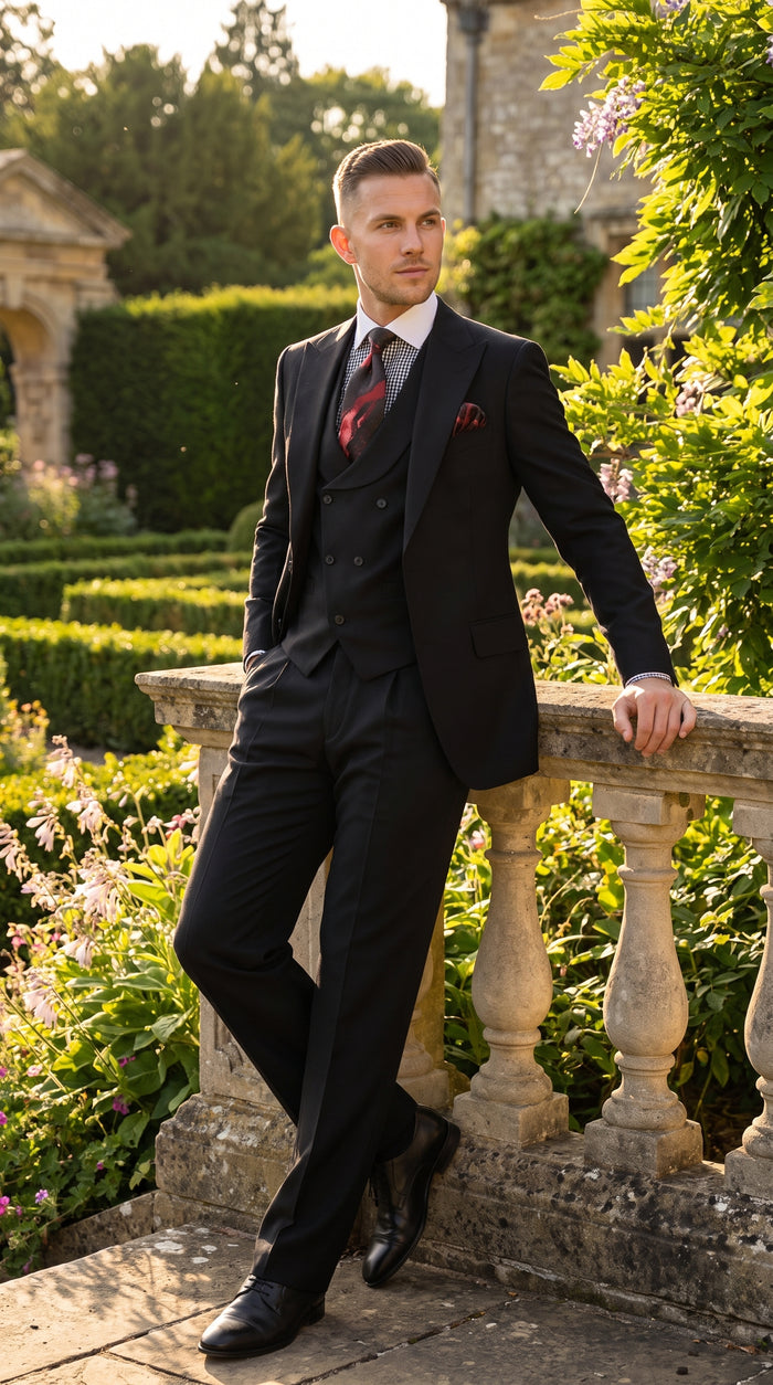 Men’s Black 100% Wool Super 150s Suit, Classic Fit Athletic Cut with Double Breasted Vest and Pleated Pants