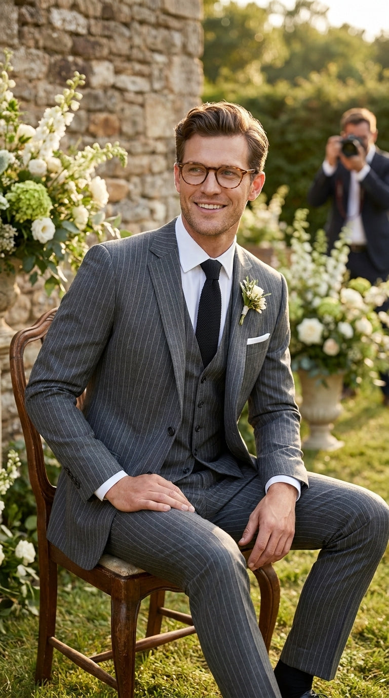 Men’s Charcoal Grey Pinstripe 2 Button Vested Wool Suit, Modern Fit Formal Business Dress Suit