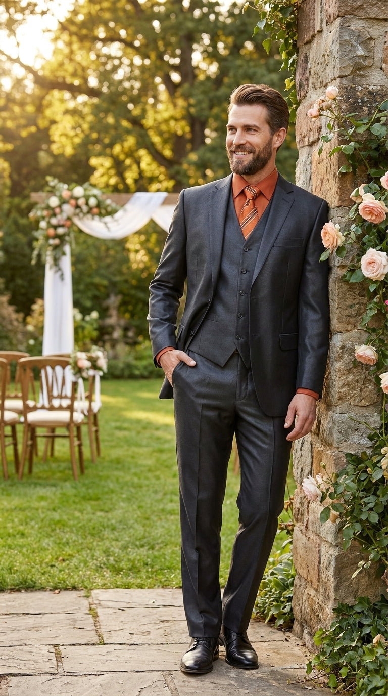 Men’s Black Sharkskin 3 Piece Suit, Metallic Satin Shiny Formal Wedding Business Dress Suit
